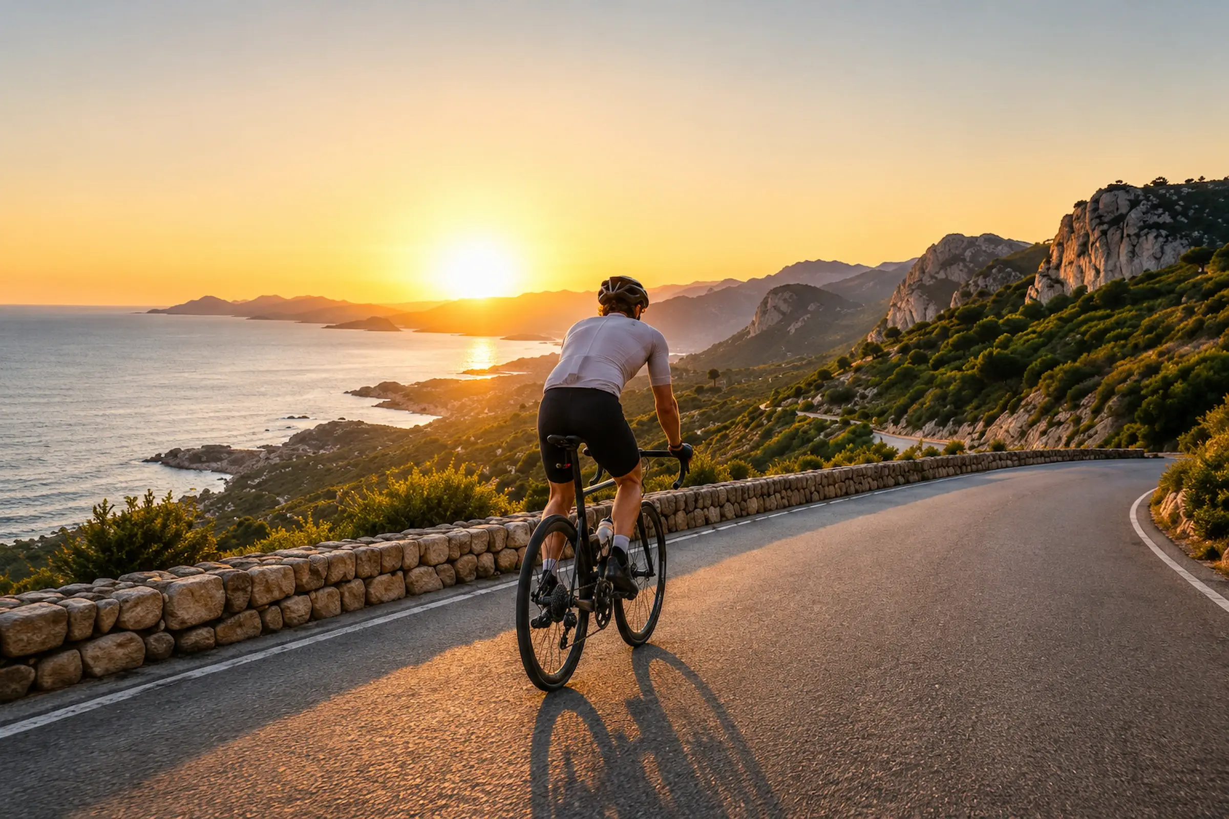 A cyclist riding a coastal mountain road above the Mediterranean at sunset.